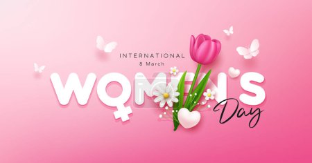 Illustration for Happy women's day with tulip flowers and butterfly banner design on pink background, EPS10 Vector illustration. - Royalty Free Image