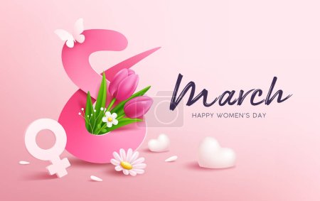 8 march happy women's day with tulip flowers and butterfly, heart, banner concept design on pink background, EPS10 Vector illustration.