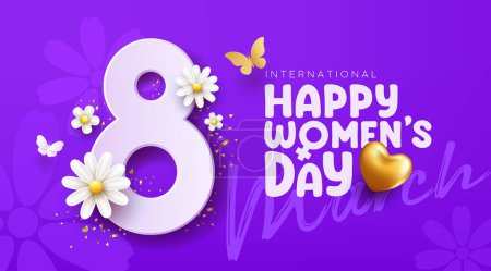 Illustration for 8 march happy women's day with white flowers and butterfly, gold heart, banner concept design on purple background, EPS10 Vector illustration. - Royalty Free Image