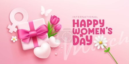 Caja de regalo del día de la mujer feliz lazos rosados cinta con flores de tulipán y mariposa, corazón, flor blanca, diseño de concepto de bandera sobre fondo rosa, ilustración vectorial EPS10.