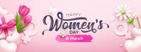 Illustration for Happy women's day banners gift box pink bows ribbon with tulip flowers and butterfly, heart, white flower, concept design on pink background, EPS10 Vector illustration. - Royalty Free Image