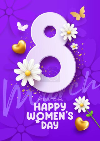 Téléchargez les illustrations : 8 mars heureuse journée des femmes avec des fleurs blanches et papillon, coeur d'or, conception de concept d'affiche sur fond violet, illustration vectorielle EPS10. - en licence libre de droit