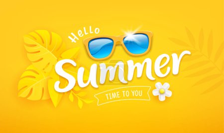 Ilustración de Gafas de sol con corte de papel de hoja amarilla, diseño de letras de verano sobre fondo amarillo, ilustración vectorial Eps 10 - Imagen libre de derechos