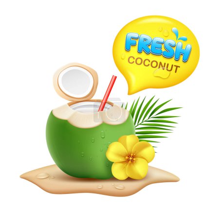 Illustration for Coconuts fruit fresh and flower, coconut leaf realistic pile of sand, water drop and yellow speech bubble, isolated on white background, EPS 10 vector illustration - Royalty Free Image