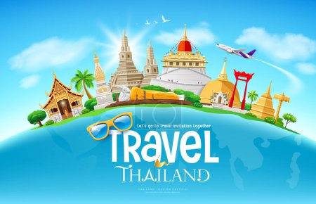 Thailand places architecture tourism festival design on world map, airplane, cloud and sky on blue background, eps 10 vector illustration