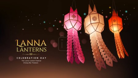 Ilustración de Lanna linternas tailandia festival, estilo colorido linterna de papel, se utilizan para decorar edificios para la belleza, en el fondo de la noche, Eps 10 vector de ilustración - Imagen libre de derechos