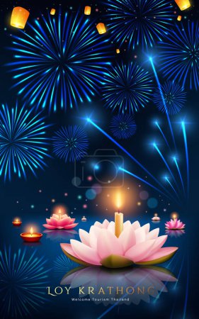 Loy krathong thailand festival, pink lotus flowers, fireworks and floating lantern at night poster flyer design on dark blue background, vector illustration