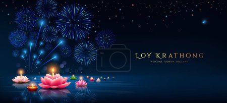Loy krathong thailand festival, pink lotus flowers, fireworks lighting at night banner poster design on dark blue background, vector illustration