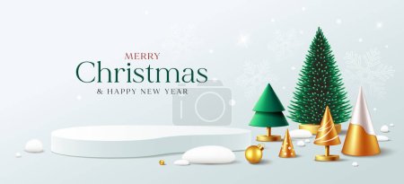 Illustration for Merry christmas and happy new year, green and gold pine tree, podium display ornaments banners design background, EPS10 vector illustration - Royalty Free Image