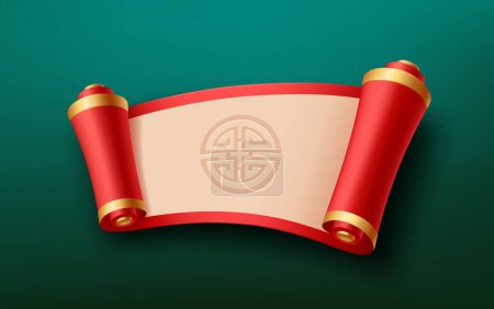 Rot und Gold, creme Papier alte Schriftrollen chinesisches Design, horizontale Kurve realistisches Design auf grünem Hintergrund, Eps 10 Vektorillustration