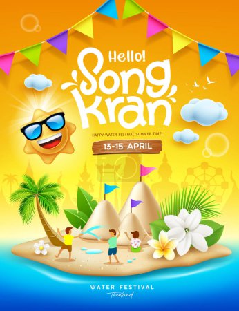 Illustration for Songkran festival thailand, Thai flowers with child playing water splashing, sun smile, sand pagoda, colorful flag, poster design on sandy beach on the island yellow background, EPS 10 vector - Royalty Free Image