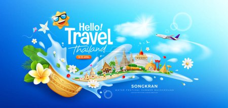 Téléchargez les illustrations : Songkran festival de l'eau voyage thailand, fleurs dans un bol d'eau éclaboussures d'eau, Thaïlande architecture touristique, conception de bannière sur nuage et fond bleu ciel, illustration vectorielle EPS 10 - en licence libre de droit