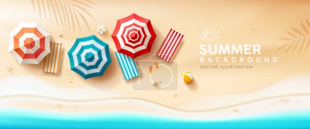 Beach umbrella and beach canvas bed, coconut leaf, summer banner design on sand beach backgeound, Eps 10 vector illustration
