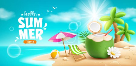 Coconuts fruit fresh and flower, beach umbrella, beach bed, summer holiday, coconut tree, pile of sand, on island beach background, EPS 10 vector illustration