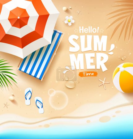 Beach umbrella and beach canvas bed, coconut leaf, beach ball, summer poster design on sand beach backgeound, Eps 10 vector illustration