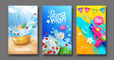 Illustration for Songkran water festival thailand, happy new year thailand, summer holiday fun, poster flyer three designs collections background, Eps 10 vector illustration - Royalty Free Image