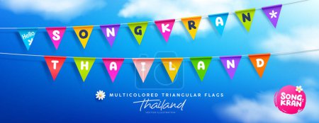 Songkran Wasserfestival Thailand, bunte dreieckige Flaggen, Sammlungsbanner Design auf wolken- und himmelblauem Hintergrund, EPS 10 Vektorillustration
