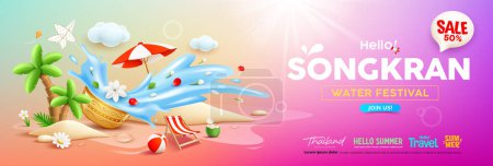 Vente de thailand festival de l'eau de Songkran, fleurs colorées dans un bol d'eau éclaboussures d'eau, cocotier tropical, pile de sable sur la plage de sable, conception de bannière fond coloré, illustration vectorielle EPS 10