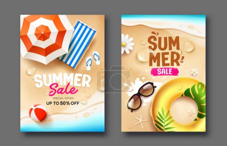 Summer Sale on sand beach poster flyer two holiday design collections background, Eps 10 vector illustration