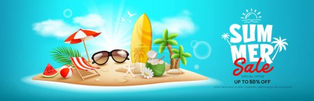 Summer Sale island beach, surfboard, pile of sand, coconut tree, watermelon, beach umbrella, beach chair, beach ball, coconut fruit, banner design, on cloud blue background, EPS 10 vector illustration