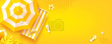 Summer yellow banner, beach umbrella, yellow flower and leaf, sunglasses on the beach bed, yellow flip flops, banner design on yellow background. EPS 10 Vector illustration