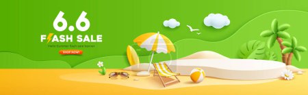 Summer flash sale, podium display, pile of sand, coconut tree, beach umbrella, beach chair, beach ball, sunglasses, banner design, on yellow and green background, EPS 10 vector illustration
