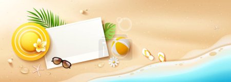 White paper space, summer yellow hat, beach ball, coconut leaf, sunglasses, flip flop, on sand beach background banner design, Eps 10 vector illustration