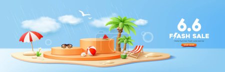 Vente flash été, affichage orange podium, pluie en été, pile de sable, cocotier, parasol, conception de bannière, sur fond bleu, illustration vectorielle EPS 10