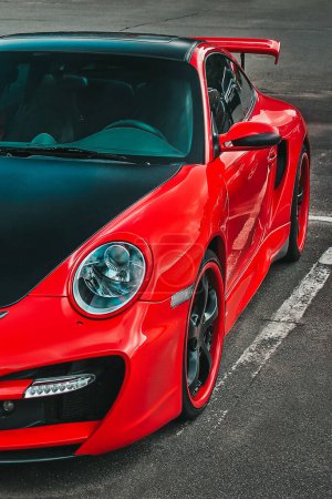 Photo for Kiev, Ukraine - June 1, 2014: Red TechArt Porsche 911 Turbo GT Street R parked in the city. Tuning car - Royalty Free Image
