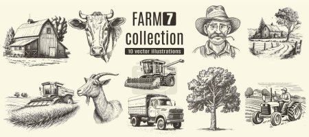 Ilustración de Rural meadow or countryside farm set. A village landscape with cows, goats and lamb, hills and a farm. - Imagen libre de derechos