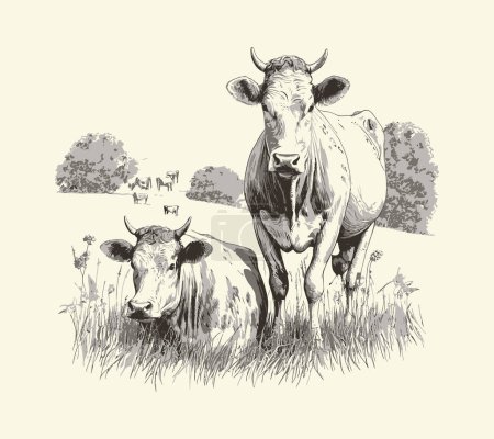 Cow portrait sketch hand drawn Farming and cattle breeding Vector illustration.