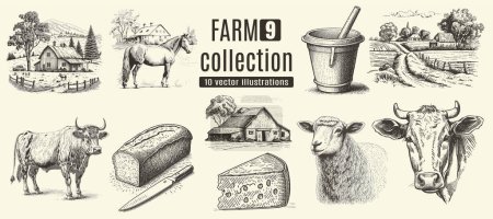 Ilustración de Rural meadow or countryside farm set. A village landscape with cows, goats and lamb. - Imagen libre de derechos