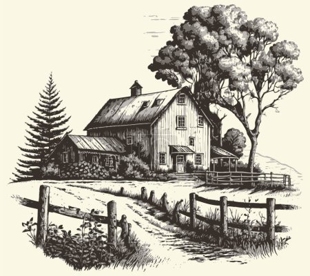 Illustration for House in countryside with road engraving sketch style illustration. Vintage style. Vector style - Royalty Free Image