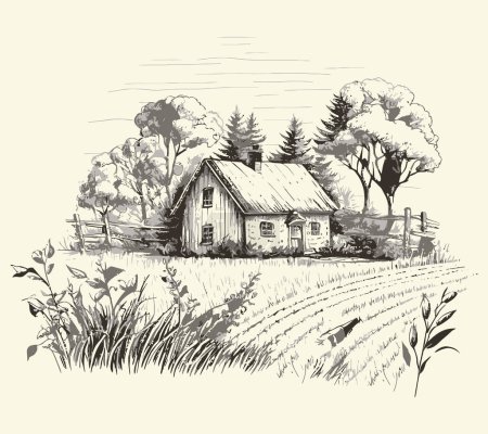 Ilustración de Casa en el campo con ilustración de estilo de boceto de grabado en carretera. Estilo vintage. Estilo vectorial - Imagen libre de derechos