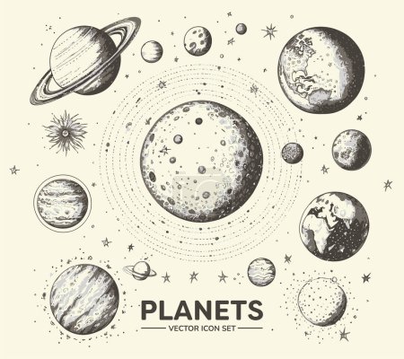 Set von Weltraumobjekten: Planeten, Sterne. Handgezeichneter Vektor
