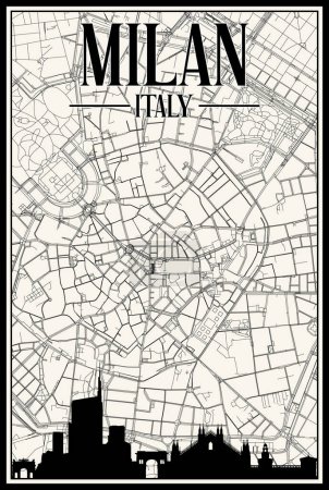 Téléchargez les illustrations : Carte de réseau de rues vintage blanche dessinée à la main du centre-ville de MILAN, ITALIE avec skyline et lettrage en surbrillance marron - en licence libre de droit
