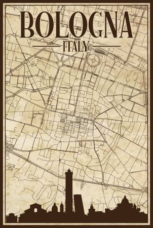 Téléchargez les illustrations : Carte de réseau de rues vintage marron dessinée à la main du centre-ville de BOLOGNA, ITALIE avec skyline et lettrage en surbrillance marron - en licence libre de droit