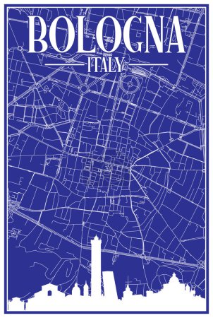 Téléchargez les illustrations : Carte de réseau de rues bleu vintage dessinée à la main du centre-ville de BOLOGNA, ITALIE avec skyline et lettrage en surbrillance marron - en licence libre de droit