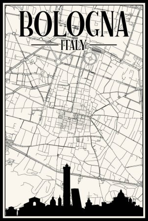Téléchargez les illustrations : Carte de réseau de rues vintage blanche dessinée à la main du centre-ville de BOLOGNA, ITALIE avec skyline et lettrage en surbrillance marron - en licence libre de droit