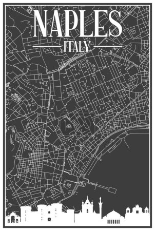 Negro vintage dibujado a mano imprimir mapa de la red de calles del centro de NAPLES, ITALIA con el horizonte de la ciudad resaltado marrón y letras