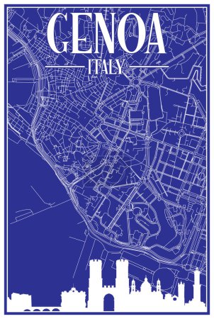 Blue vintage hand-drawn printout streets network map of the downtown GENOA, ITALY with brown highlighted city skyline and lettering
