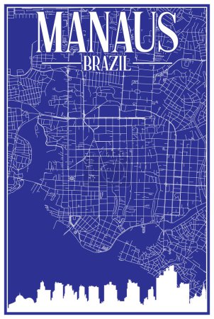 Illustration for Blue vintage hand-drawn printout streets network map of the downtown MANAUS, BRAZIL with highlighted city skyline and lettering - Royalty Free Image