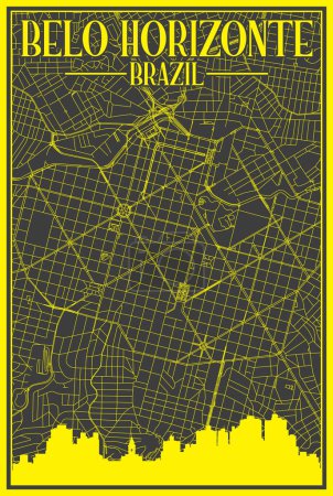 Illustration for Black and yellow vintage hand-drawn printout streets network map of the downtown BELO HORIZONTE, BRAZIL with highlighted city skyline and lettering - Royalty Free Image