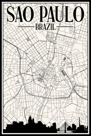 Illustration for White vintage hand-drawn printout streets network map of the downtown SAO PAULO, BRAZIL with highlighted city skyline and lettering - Royalty Free Image