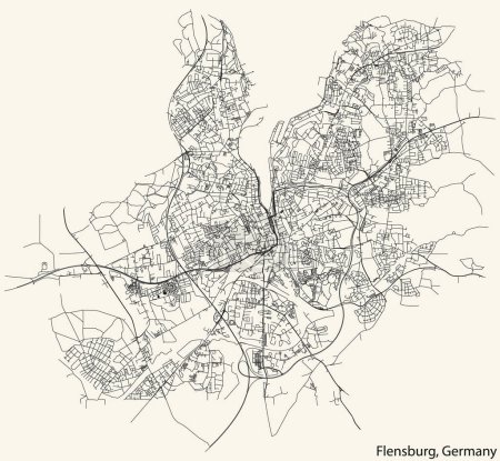 Illustration for Detailed navigation black lines urban street roads map of the German town of FLENSBURG, GERMANY on vintage beige background - Royalty Free Image