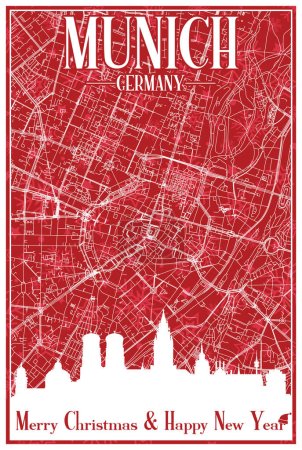 Postal de Navidad roja vintage dibujada a mano del centro de MUNICH, ALEMANIA con el horizonte de la ciudad resaltado y letras