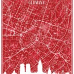 Red vintage hand-drawn Christmas postcard of the downtown MUNICH, GERMANY with highlighted city skyline and lettering