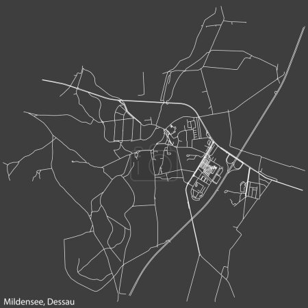 Illustration for Detailed hand-drawn navigational urban street roads map of the MILDENSEE BOROUGH of the German town of DESSAU, Germany with vivid road lines and name tag on solid background - Royalty Free Image