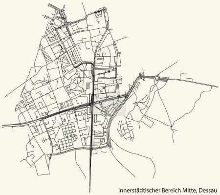 Illustration for Detailed hand-drawn navigational urban street roads map of the INNERSTDTISCHER BEREICH MITTE BOROUGH of the German town of DESSAU, Germany with vivid road lines and name tag on solid background - Royalty Free Image