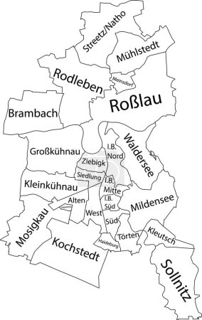 Illustration for White flat vector administrative map of DESSAU, GERMANY with name tags and black border lines of its boroughs - Royalty Free Image